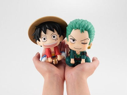 Lookup series Anime Figure One Piece Monkey D Luffy and Roronoa Zoro figure on palms