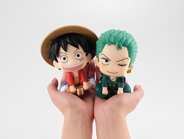 Lookup series Anime Figure One Piece Roronoa Zoro and Monkey D Luffy sitting on palms