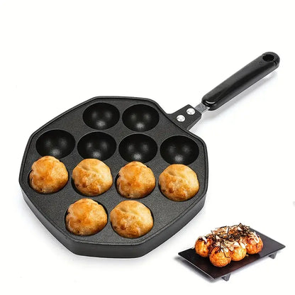 Compact Takoyaki Octopus Ball Frying Pan top with cooked takoyaki