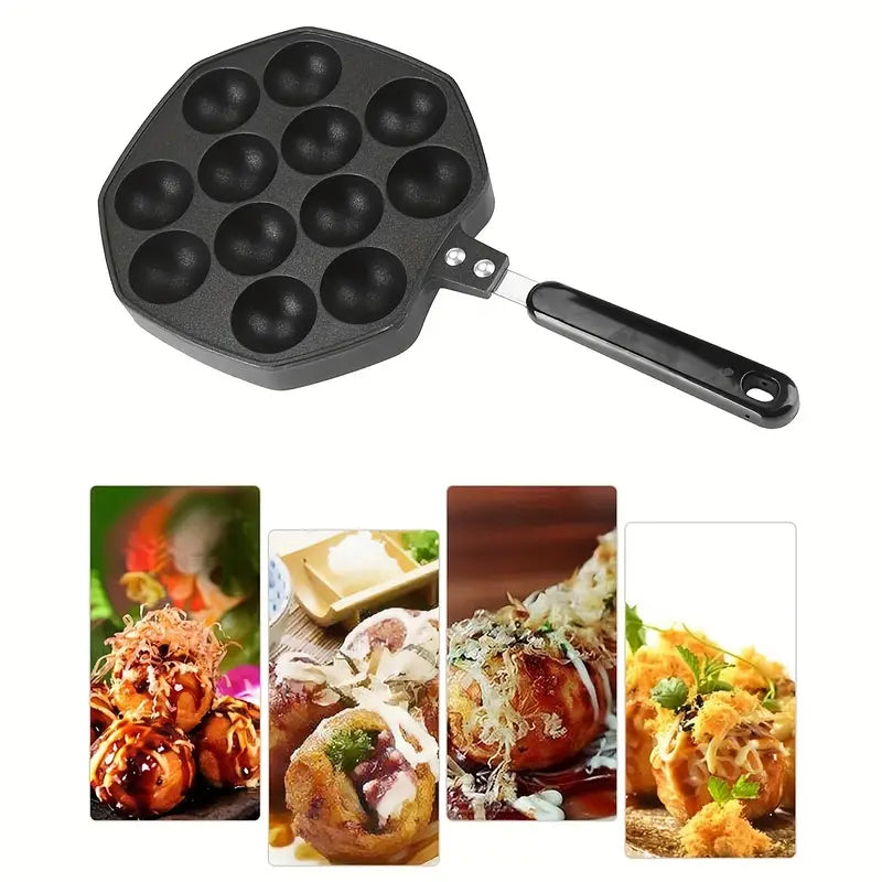 Compact Takoyaki Octopus Ball Frying Pan top with 4 images of cooked takoyaki